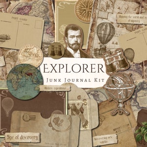 Vintage Explorer-junkdagboekkit | plakboek | digitaal papier | afdrukbaar | mannelijk | kaarten maken | reis | kaart | dagboekpagina's | kieskeurig