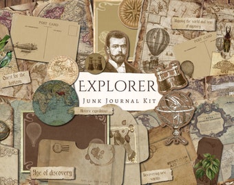 May include: A vintage-style junk journal kit with the title "Explorer" and the words "Historic expeditions" and "Age of discovery". The kit includes various images of maps, globes, airships, and other vintage-inspired elements.