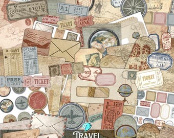 Travel Junk Journal Kit | scrapbook | digital paper | printable | masculine | card making | journey | map | journal pages | vintage | voyage