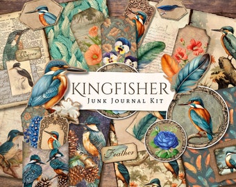 Kingfisher Junk Journal Kit | ephemera | antique | vintage | scrapbook | digital paper | journal page | printable | Forest | botanical bird