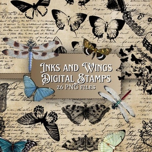 May include: A digital stamp set featuring 26 PNG files of vintage-style butterflies and dragonflies. The stamps are in black, white, blue, and brown, and are set against a background of handwritten text. The text reads "Inks and Wings Digital Stamps 26 PNG Files".