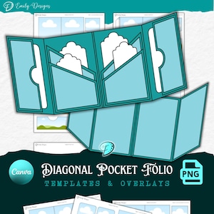 May include: A light blue diagonal pocket folio template with white cloud-shaped inserts. The design includes a teal border and a circular cutout. The text "Canva" and "DIAGONAL POCKET FOLIO TEMPLATES & OVERLAYS PNG" are visible.