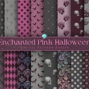 May include: A set of 16 digital paper patterns featuring a variety of Halloween-themed designs in shades of pink, purple, and grey. The patterns include skulls, bats, snakes, crowns, polka dots, and damask designs.