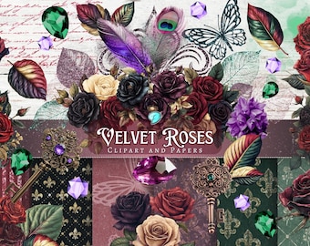 Velvet Roses Clipart and Paper | ephemera | antique | vintage | scrapbook | digital | printable | junk journal | Gothic | Dark Academia