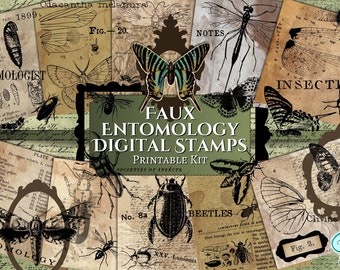 May include: A digital stamp kit featuring vintage illustrations of insects, butterflies, and beetles. The kit includes the text "Faux Entomology Digital Stamps Printable Kit" and "Societies of Insects".
