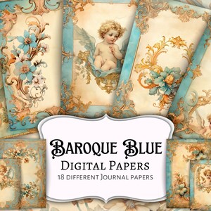Pages de journal bleu baroque | numérique | éphémères | journal indésirable | album de découpures | arrière-plan | floral | vieilli | antiquité | fleurs | Papier | chérubin