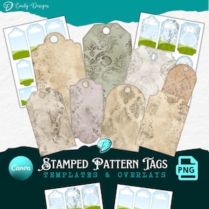 May include: A selection of stamped pattern tags in shades of beige, brown, and grey. The tags display ornate damask patterns and are designed as templates and overlays. The image also includes smaller tags with landscape designs and the text "STAMPED PATTERN TAGS TEMPLATES & OVERLAYS".