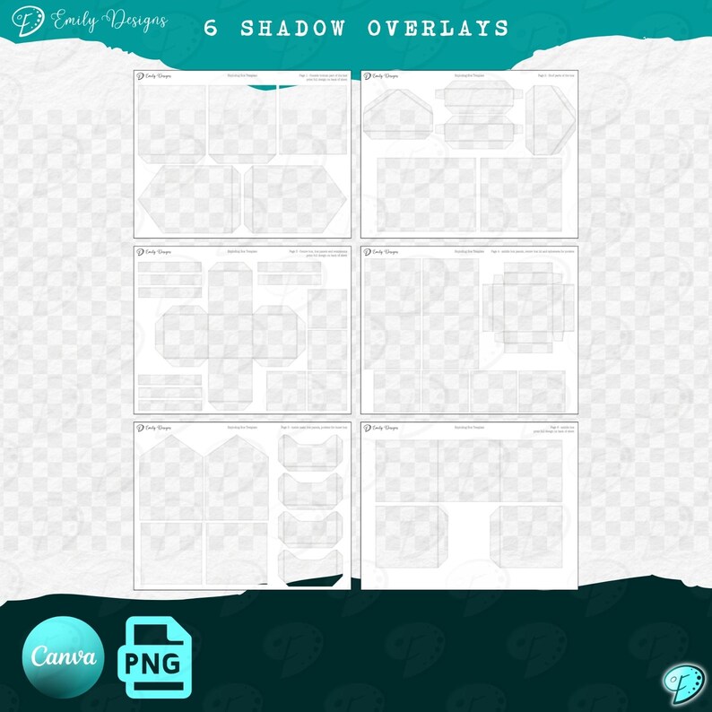 Może przedstawiać: Cyfrowa kolekcja 6 nakładek cieni zawierająca r&oacute;żne geometryczne szablony pudełek i płaskie kształty na przezroczystym tle. Tekst 6 SHADOW OVERLAYS znajduje się na g&oacute;rze, wraz z brandingiem Emily Designs i ikonami Canva PNG.