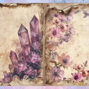 May include: Two pages of a vintage journal with a floral design on the right page and a cluster of purple crystals on the left page. The pages are textured and have a faded look.