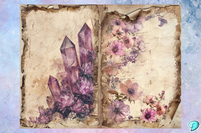 May include: Two pages of a vintage journal with a floral design on the right page and a cluster of purple crystals on the left page. The pages are textured and have a faded look.