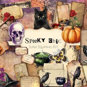 May include: Spooky Chic Junk Journal Kit with vintage Halloween themed papers, ephemera, and embellishments. Includes images of a skull, black cat, pumpkin, crow, and a witch's hat.