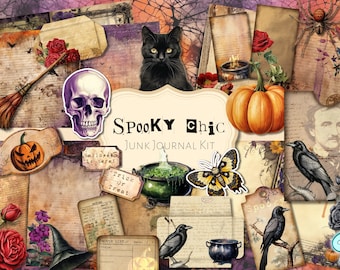 May include: Spooky Chic Junk Journal Kit with vintage Halloween themed papers, ephemera, and embellishments. Includes images of a skull, black cat, pumpkin, crow, and a witch's hat.