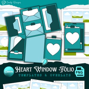 Puede incluir: Un diseño digital que presenta una plantilla de folio con ventana de corazón y superposiciones. El diseño incluye elementos en verde azulado y azul claro, con recortes en forma de corazón y bolsillos estilo sobre. El texto "Heart Window Folio" y "Templates & Overlays" también es visible.