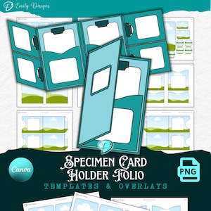 Op de afbeelding: Een lichtblauwe specimen kaarthouder folio met sjablonen en overlays. De folio heeft een rechthoekig venster en een zak. De afbeelding bevat de tekst "Specimen Card Holder Folio Templates & Overlays" en de Canva- en PNG-logo's.