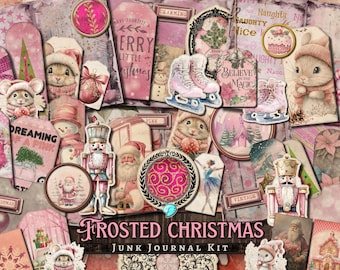 Frosted Christmas Junk Journal Kit | ephemera | antique | vintage | scrapbook | digital | nutcracker | printable | Christmas | Festive pink