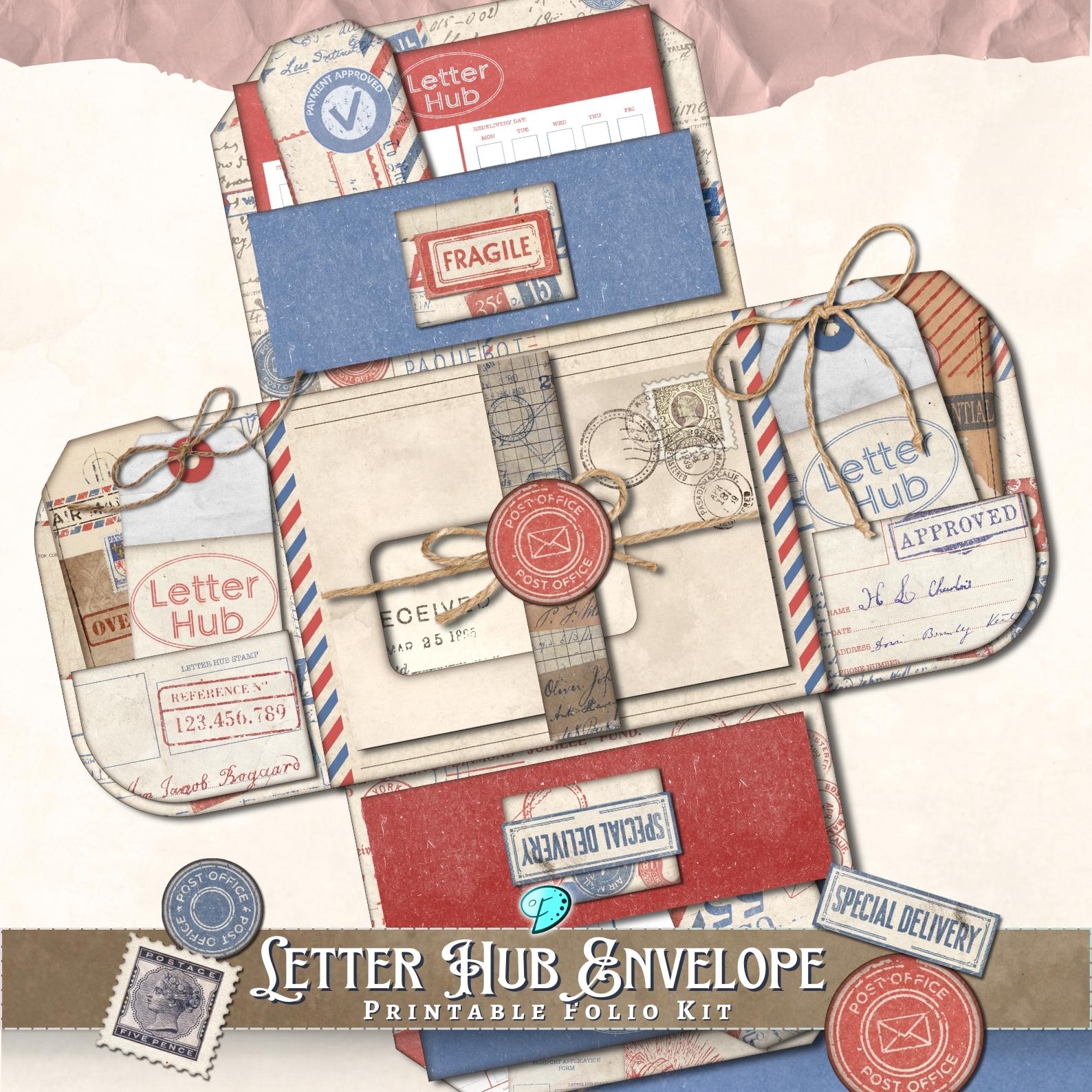 Letter Hub Envelope Folio Kit | air mail | stamps | junk journal | scrapbook | ephemera | vintage | printable | postcard | junk journal
