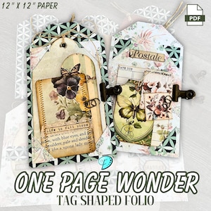 Puede incluir: Dos folios con forma de etiqueta con diseños florales y de mariposas. Uno presenta una ilustración de pensamiento y el texto "Life in full bloom". El otro tiene una ilustración de mariposa y la palabra "Postale". El texto "ONE PAGE WONDER TAG SHAPED FOLIO" está en la parte inferior.