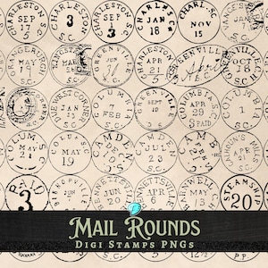 Mail Rounds Digi Stamps PNG bundle | digital | overlay | distressed | junk journal | scrapbook | ephemera | vintage | ink | print | postcard