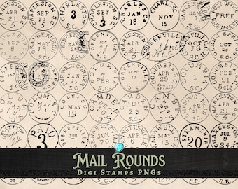 Mail Rounds Digi Stamps PNG bundle | digital | overlay | distressed | junk journal | scrapbook | ephemera | vintage | ink | print | postcard
