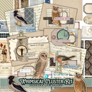 May include: A collage of vintage ephemera featuring illustrations of birds, butterflies, and handwritten text. The design includes envelopes, tags, and decorative elements with phrases like "Whimsical Wonders" and "Beautiful Soul". The overall color scheme is muted with beige, blue, and brown tones.