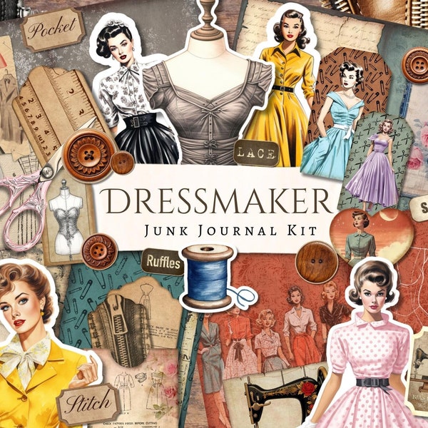 Dressmaker Junk Journal Kit | scrapbook | card making | vintage | ephemera | printable | fussy cut | sewing | fashion | 1950's | 50's dress