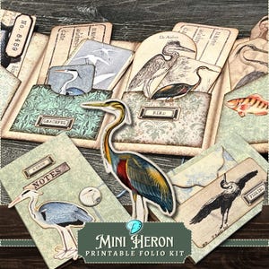 Mini Heron Printable Folio Kit | cricut | junk journal | scrapbook | ephemera | Printable | PNG | bird | card making | envelope | fish