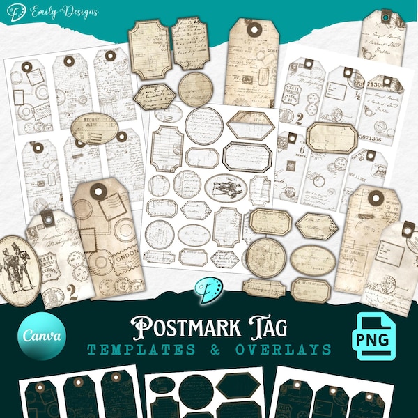 Postmark Tags Template Overlay | junk journal | scrapbook | ephemera | Printable | card making | outline | CANVA | overlays | Post | Mail