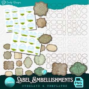 Labelversieringen Overlays en sjablonen | achtergrond | junkjournaal | plakboek | kortstondig | PNG | Canvaslijst | vintage | vormen