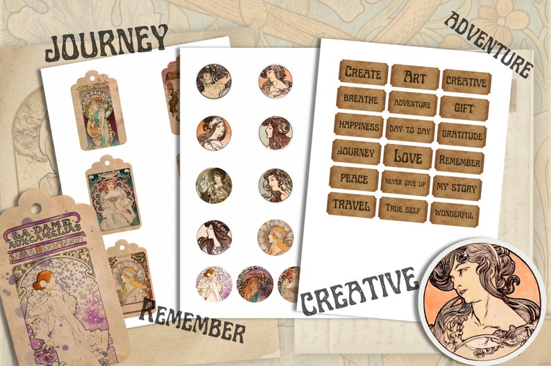 Art Nouveau Junk Journal Pack, Mucha, Printable, Scrapbooking, Instant