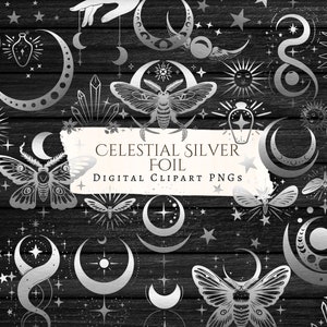 Celestial Silver Foil Clipart PNG Bundle | digital | junk journal | scrapbook | ephemera | moon | tarot | transparent | commercial use