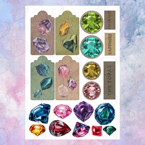 May include: A set of printable digital tags featuring illustrations of various gemstones, including emerald, sapphire, and topaz. Each tag includes the name of the gemstone and a variety of illustrations of the gemstone in different shapes and sizes.