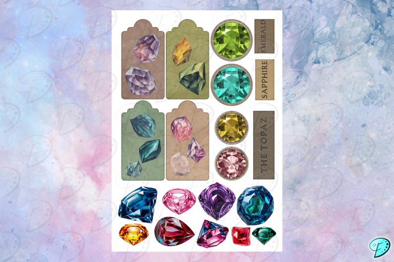 May include: A set of printable digital tags featuring illustrations of various gemstones, including emerald, sapphire, and topaz. Each tag includes the name of the gemstone and a variety of illustrations of the gemstone in different shapes and sizes.