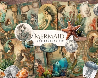 Mermaid Junk Journal Kit | vintage | ephemera | fussy cut | clipart | digital paper | scrapbook | nautical | printable | Ocean | sea