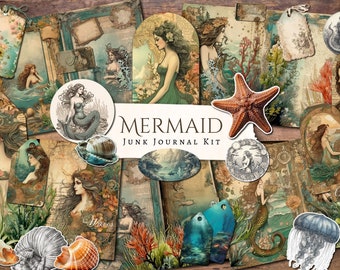 Mermaid Junk Journal Kit | vintage | ephemera | fussy cut | clipart | digital paper | scrapbook | nautical | printable | Ocean | sea