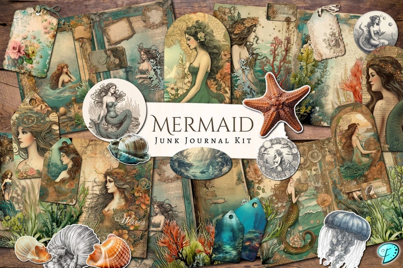 Mermaid Junk Journal Kit | Vintage | Ephemera | Fussy Cut | Clipart ...