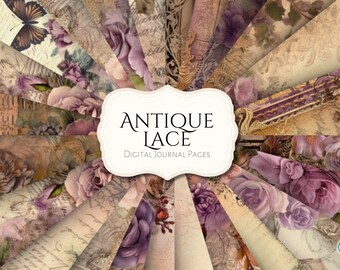 Op de afbeelding: Een verzameling van 16 digitale journalpagina's met vintage-geïnspireerde ontwerpen in een paars en crème kleurenschema. De pagina's bevatten bloemmotieven, kant en handschrift. De tekst "Antique Lace Digital Journal Pages" wordt weergegeven op een wit banner.