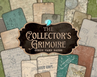 May include: A collection of vintage-style curio card bases with a variety of designs and colors. The cards feature aged paper textures, numbers, text, and illustrations, with the title "The Collector's Grimoire" prominently displayed.