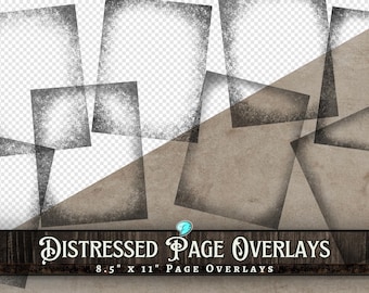 May include: Distressed page overlays in various shapes and sizes, with a grunge border. The overlays are in shades of gray and brown, with a transparent background. The text "DISTRESSED PAGE OVERLAYS" and "8.5" x 11" PAGE OVERLAYS" is visible.
