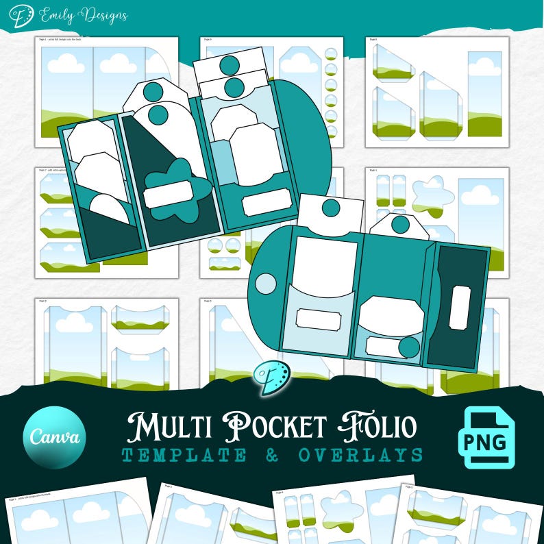 Pu&ograve; includere: Un set di modelli e overlay per folio multi-tasca turchese e bianco. Il design include varie forme e dimensioni di tasche, con grafiche di paesaggi e nuvole. Il testo "Multi Pocket Folio Template & Overlays" &egrave; visualizzato.