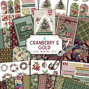 May include: A Christmas-themed card-making kit featuring patterned paper, cards, stickers, and embellishments in green, red, and gold. The kit includes the text "Cranberry & Gold Card Making Kit" on a white banner, and scissors.