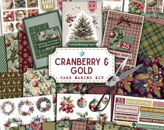 Kit para fazer cartões com cranberry e dourado | diário de sucata | álbum de recortes | papel para moldes | Natal | para imprimir | festivo | poinsétia | natal