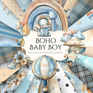Boho Baby Boy Digital Pattern Paper and Clipart / efímera / vintage / álbum de recortes / diario / imprimible / Guardería / Recién nacido / Fabricación de tarjetas