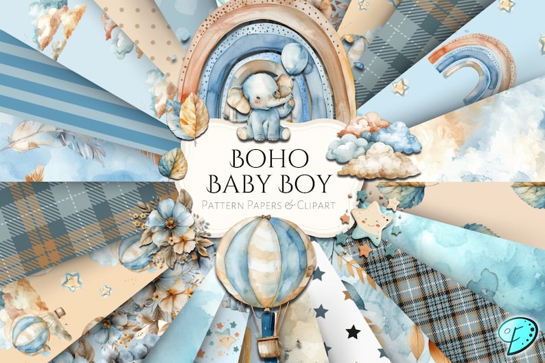 Op de afbeelding: Een set digitale papieren en clipart met een boho babyjongen thema. Het ontwerp bevat een blauwe olifant die een ballon vasthoudt, een luchtballon, een regenboog, wolken, sterren en verschillende patronen in tinten blauw, bruin en beige.