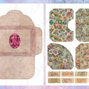 May include: A printable digital paper pack with a vintage aesthetic featuring floral patterns, gemstones, and a pink gem in a decorative frame. The pack includes words like "crystal", "gemstone", "jewel", "sparkle", "shine", "pretty", "beauty", and "gems".
