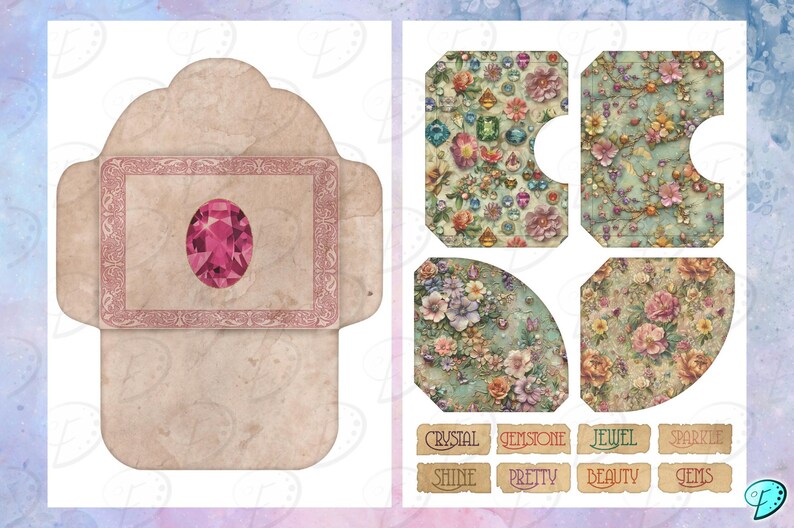 May include: A printable digital paper pack with a vintage aesthetic featuring floral patterns, gemstones, and a pink gem in a decorative frame. The pack includes words like "crystal", "gemstone", "jewel", "sparkle", "shine", "pretty", "beauty", and "gems".