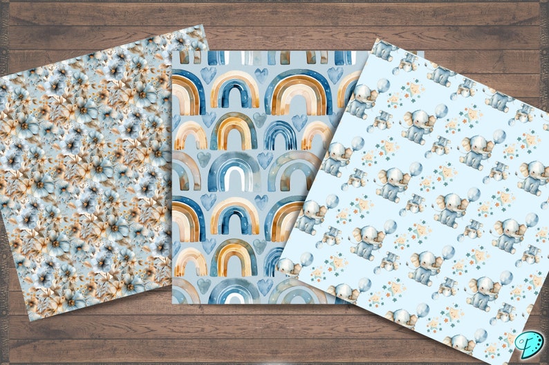 Op de afbeelding: Drie digitale papierontwerpen in blauw, bruin en wit. Het eerste ontwerp heeft een bloemenpatroon met kleine blauwe bloemen en bruine stelen. Het tweede ontwerp heeft een regenboogpatroon met blauwe, bruine en witte strepen. Het derde ontwerp heeft een patroon van olifanten die ballonnen vasthouden.