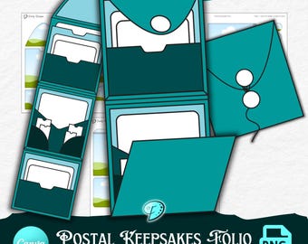 Può includere: Modelli e sovrapposizioni di Postal Keepsakes Folio color turchese e azzurro. L'immagine mostra diversi design di folio aperti e chiusi con inserti di carte bianche. Il testo "Postal Keepsakes Folio" è visualizzato in un carattere decorativo.