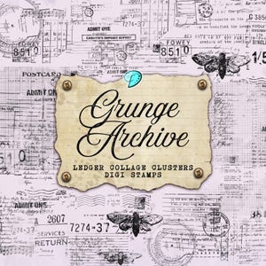 May include: A collage of vintage ephemera with a central torn paper element. The paper features the words "Grunge Archive" in elegant script, with "Ledger Collage Clusters Digi Stamps" below. The background includes stamps, tickets, and butterfly illustrations.