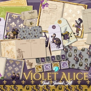 Violet Alice Junk Journal Kit | ephemera | Pockets | vintage | scrapbook | digital paper | Tags | printable | Wonderland | Washi Tape