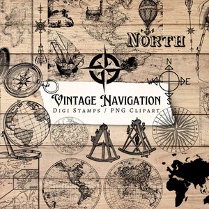 Vintage Navigation Digi Stamps / digital / superposición / angustiado / diario basura / álbum de recortes / efímera / vintage / PNG / mapa / brújula